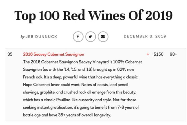 Screenshot of Seavey in the Top 100 Red Wines of 2019 list